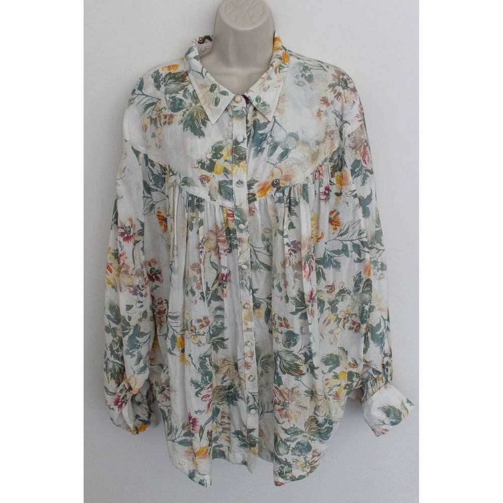 Pilcro Top Womens XL Ivory Floral Button Down Batwing Yoke Blouse Oversized
